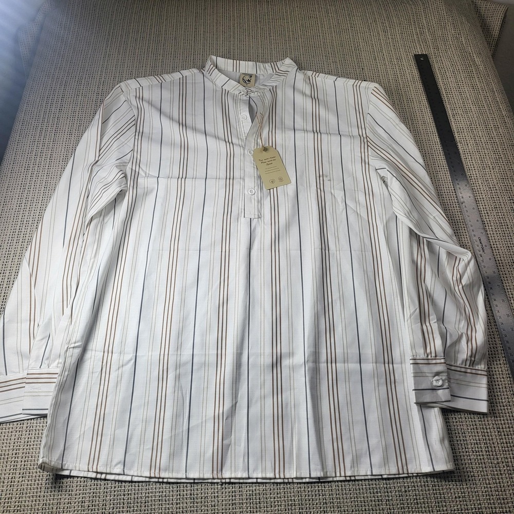 HARDADDY Shirt Mens Medium White Stripe Long Sleeve Henley Button Front Casual
